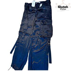 NWT Zara Shiny Black Cargo Pants Wide Leg Drawstring Waist‎ Streetwear Medium
